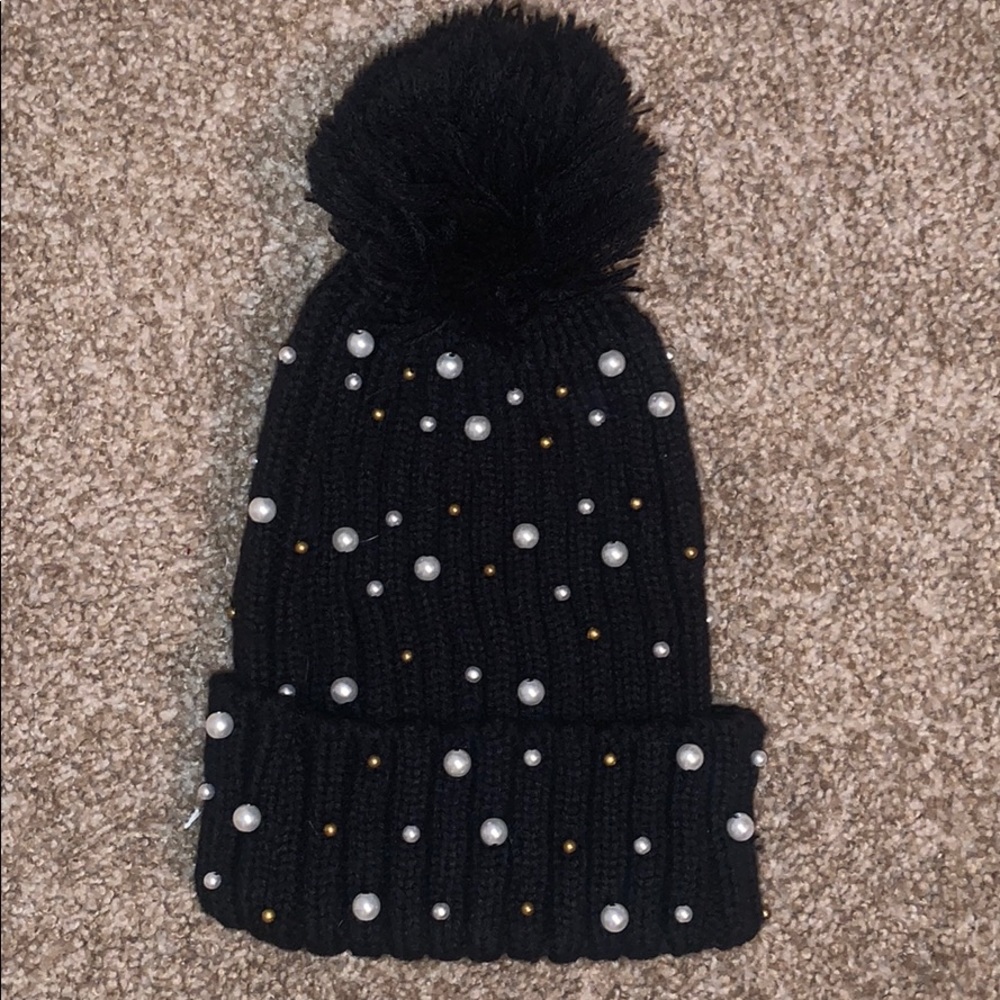Beaded Black Beanie with Pom